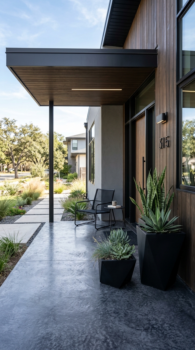 Charcoal gray stained concrete porch floor on a modern home with matte black planters