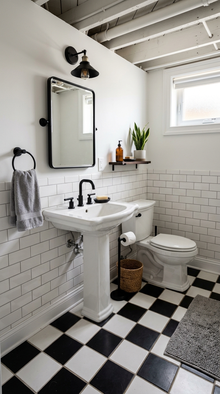 Basement bathroom with black and white checkerboard tile floor, white walls, and matte black fixtures