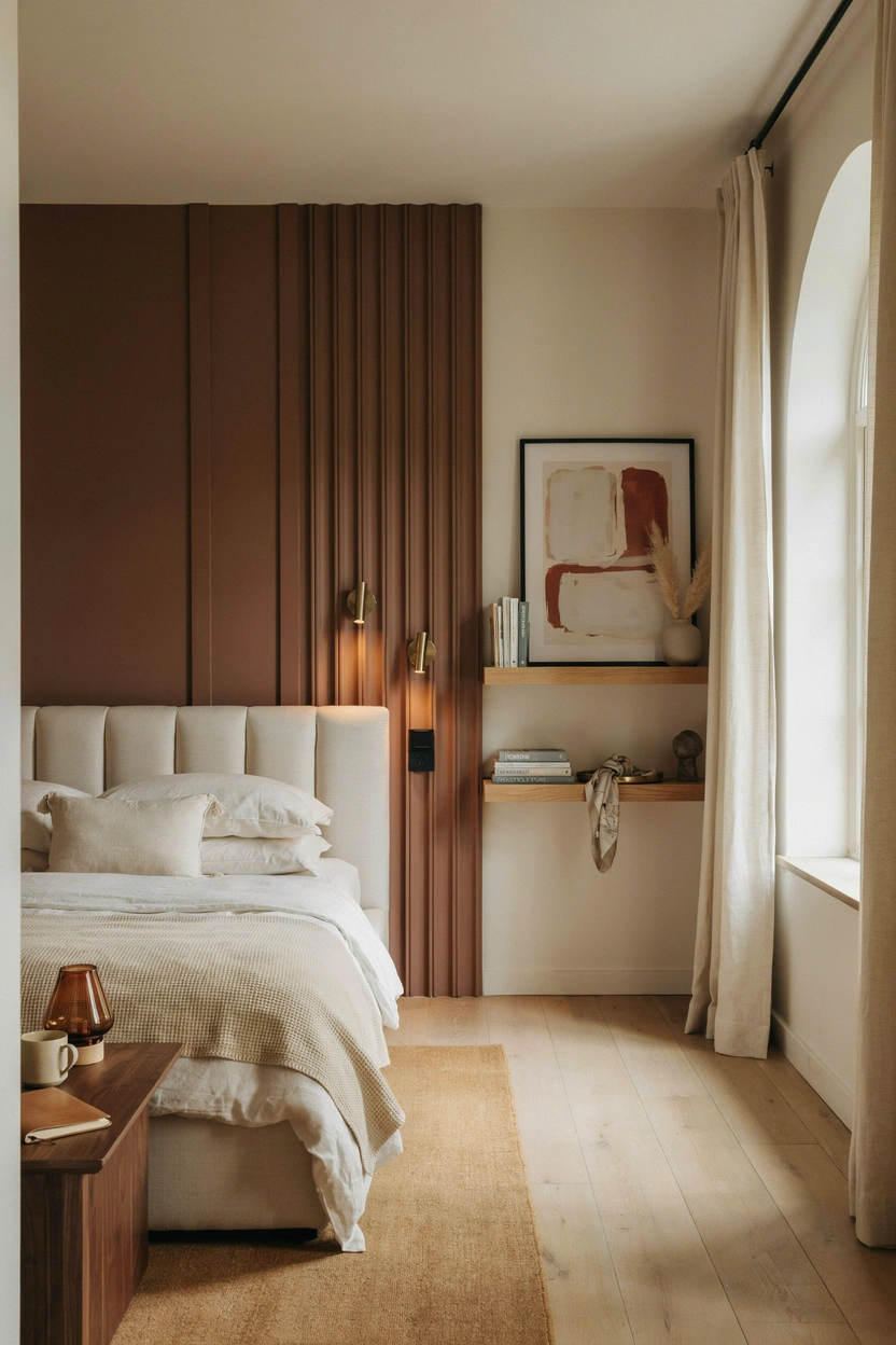 Small bedroom with chocolate brown accent wall, cream bedding, and warm brass lighting for a cozy earth tone aesthetic.