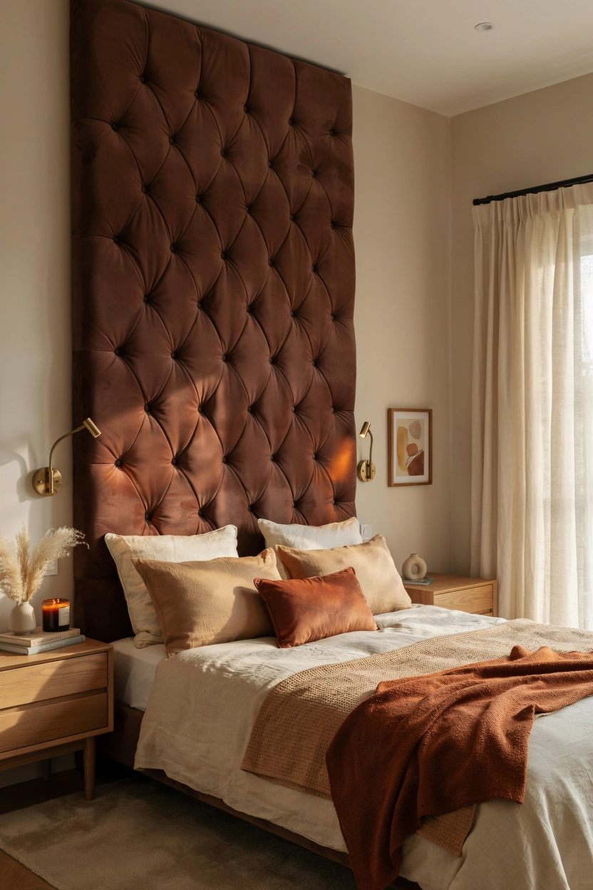 Chocolate brown velvet headboard as a bedroom statement piece with layered warm pillows — elegant brown bedroom decor idea