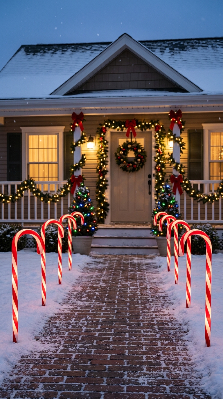 Candy-cane style path lights along a Christmas-decorated walkway