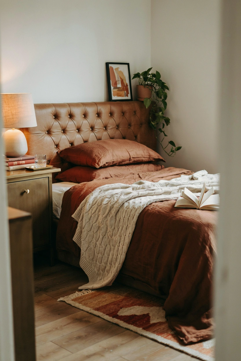 Chunky cream knit throw draped over dark brown velvet bedding in a small bedroom for a cozy textural contrast