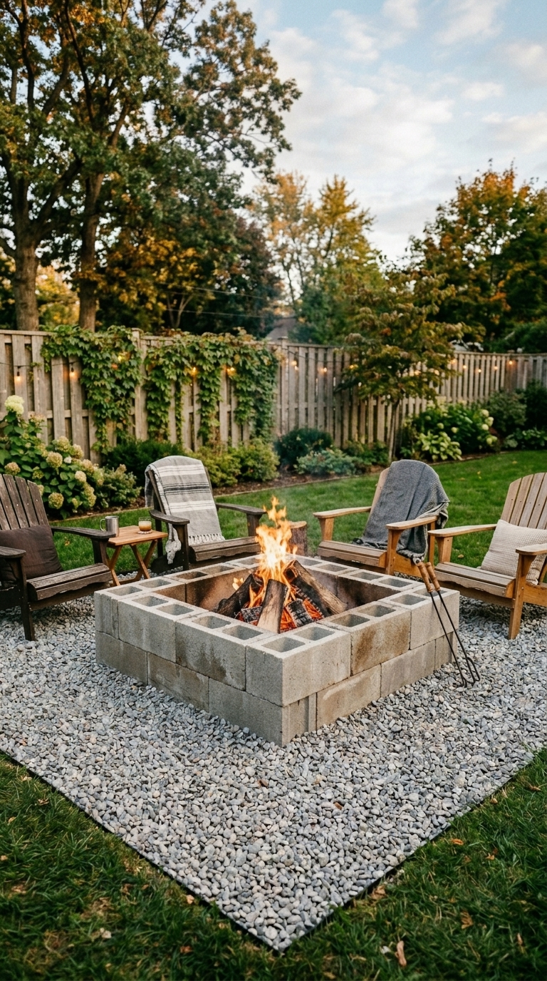 Budget-friendly DIY cinder block fire pit in a backyard with gravel surround