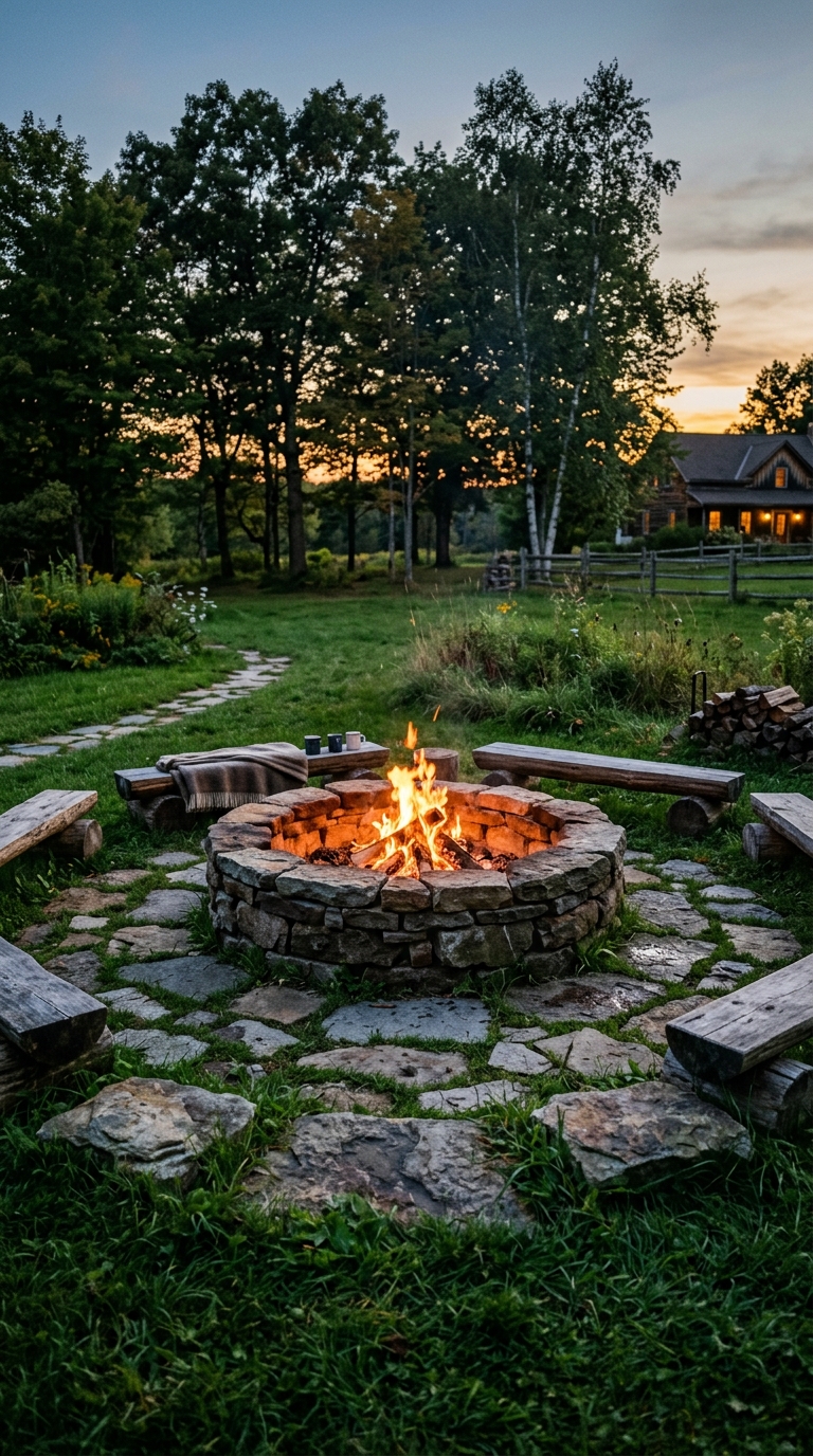 Classic DIY stone circle fire pit in a backyard with warm fire glow at dusk