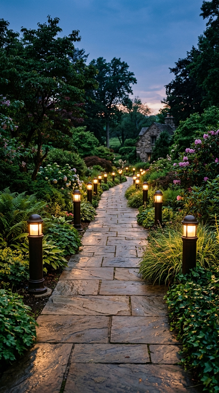 Classic bollard lights along a stone slab pathway