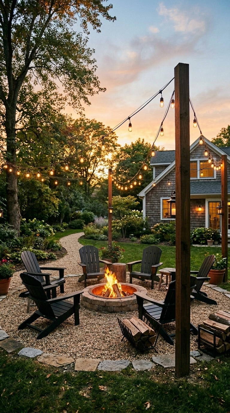 Classic pea gravel fire pit circle with black Adirondack chairs and string lights in a cozy backyard