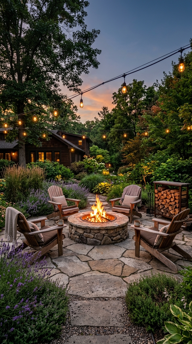 Classic stone circle fire pit with Adirondack chairs in a cozy backyard garden