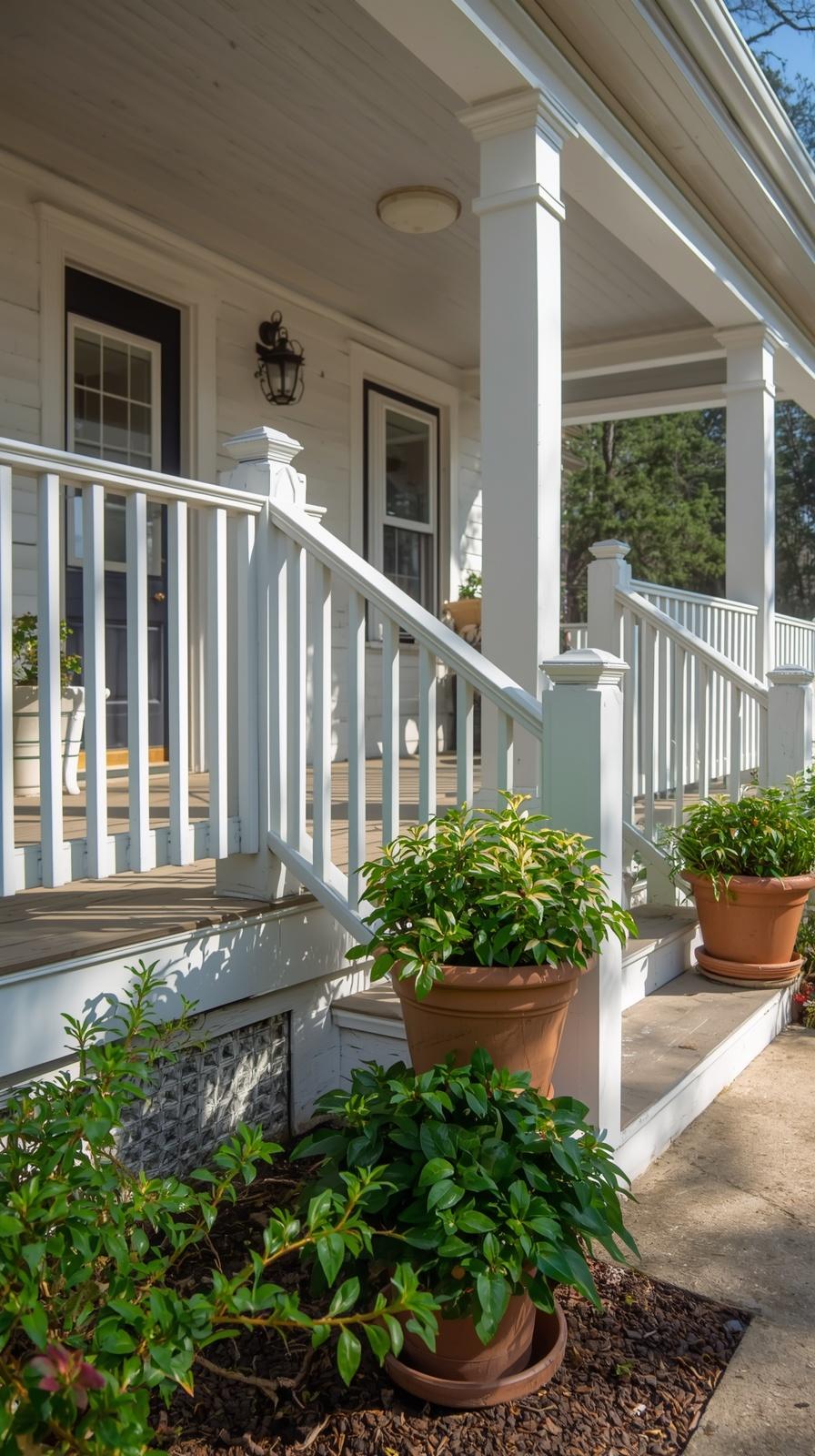 Classic white picket front porch railing on a cottage-style home with green potted plants