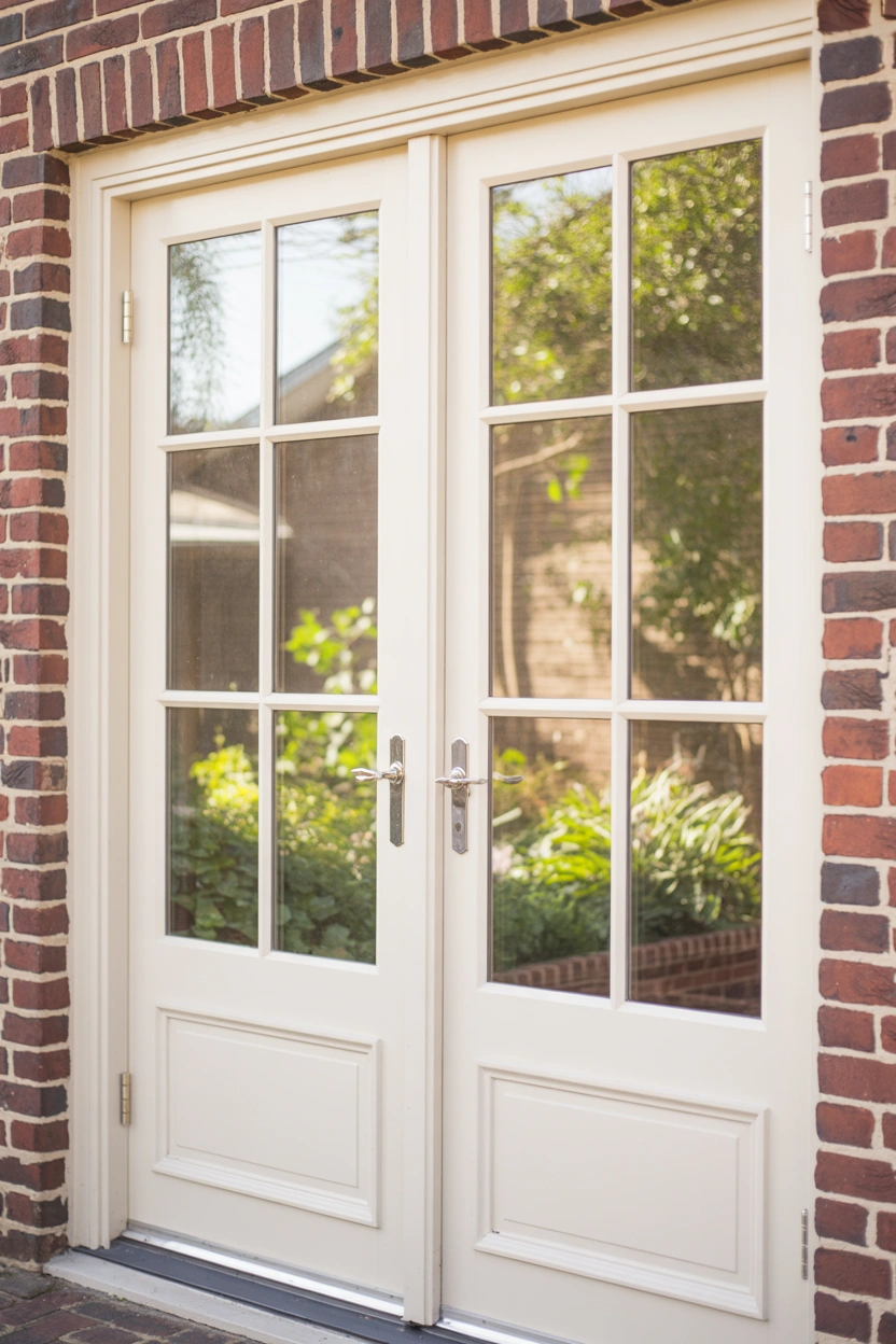 Classic white wood French patio doors with a six-panel grille design set in a red brick wall with a green garden view beyond