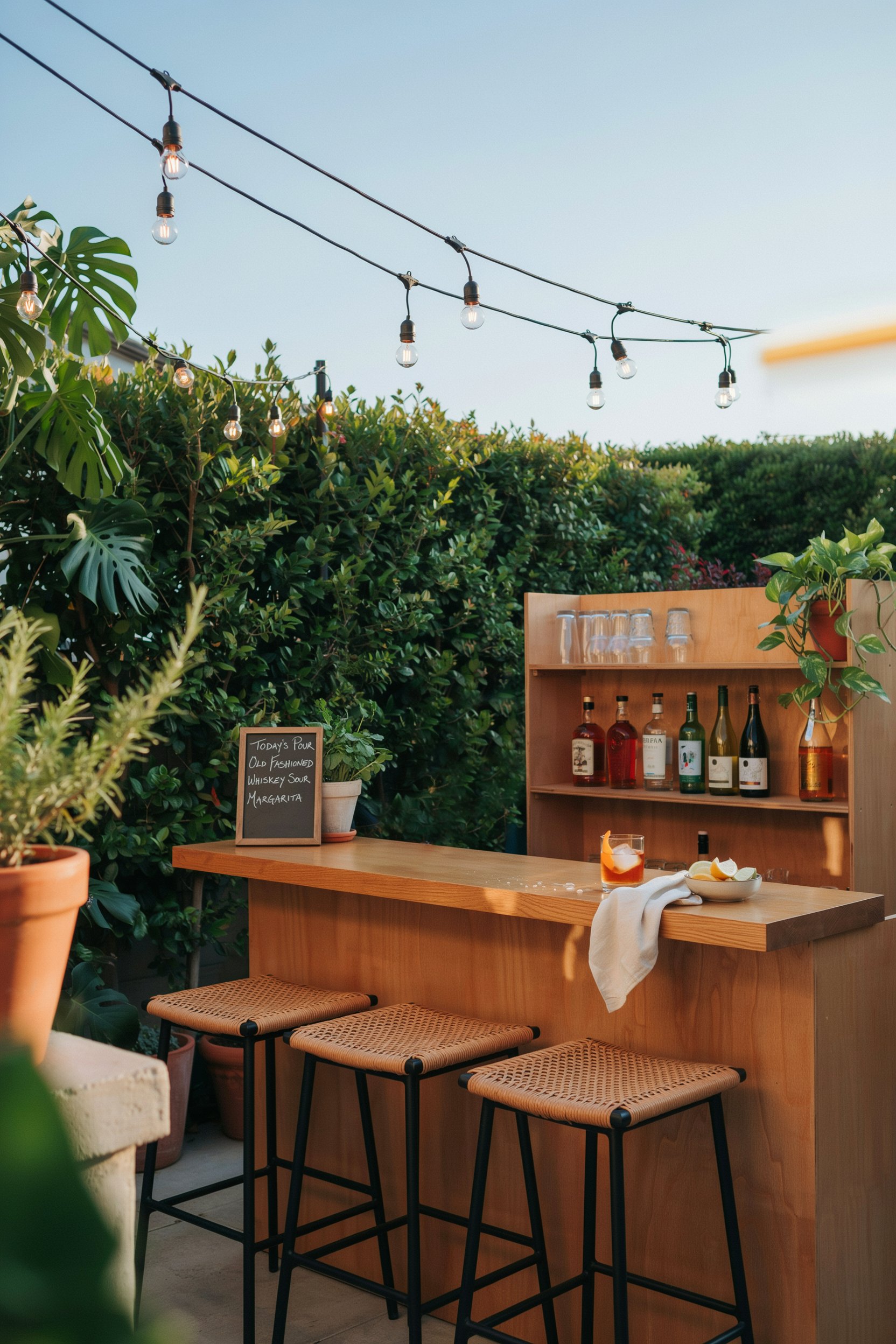 Classic DIY wooden backyard bar with honey oak stain, black metal barstools, and Edison string lights in a cozy outdoor entertaining space
