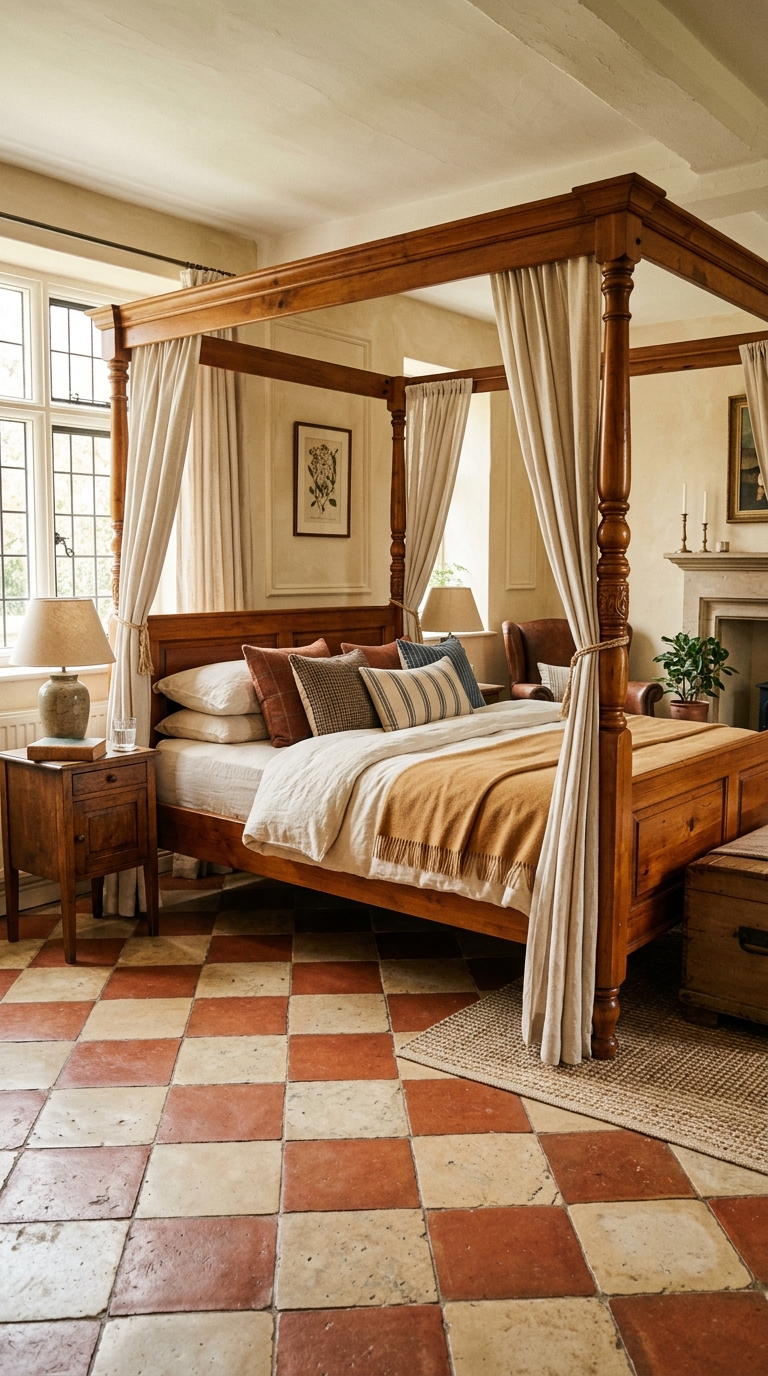 Classic wooden four-poster bed in a master bedroom with checkerboard flooring