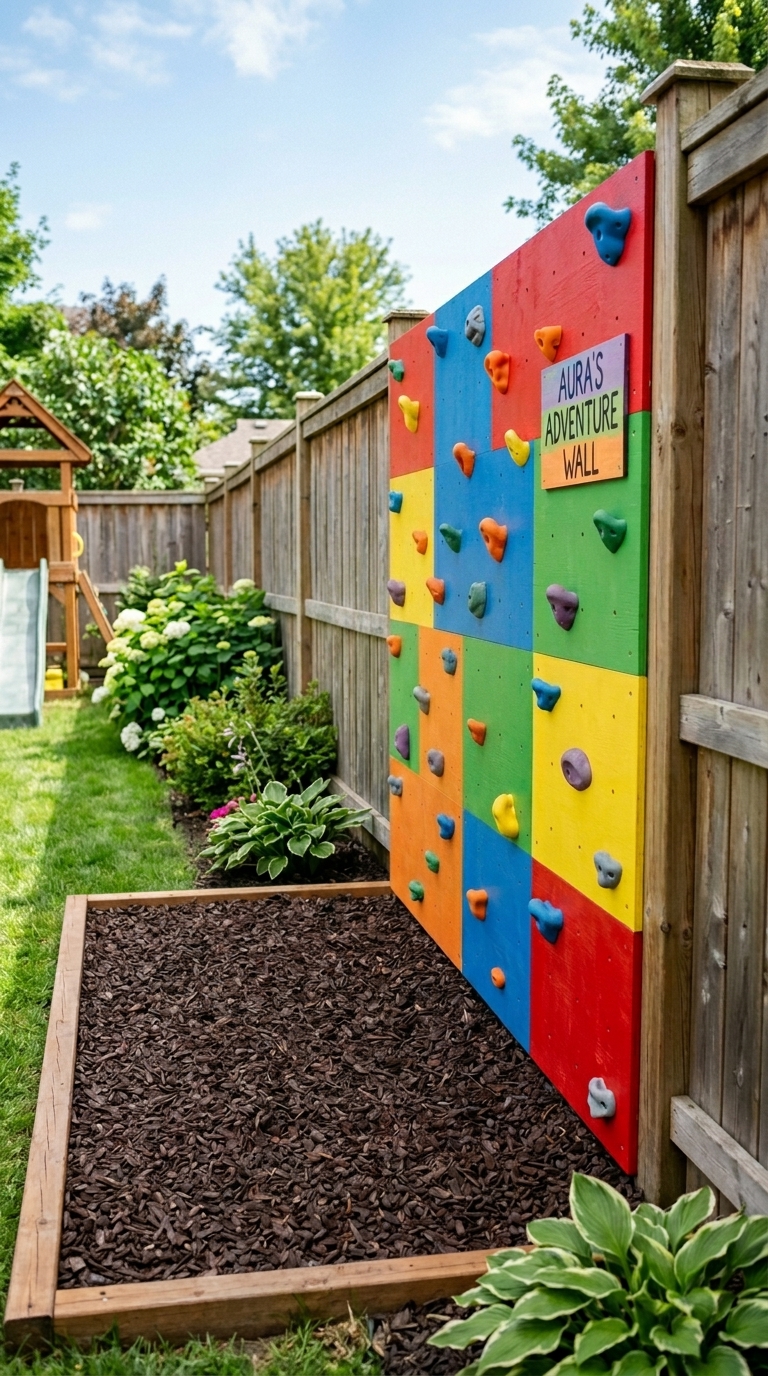 Climbing wall feature backyard play area for kids