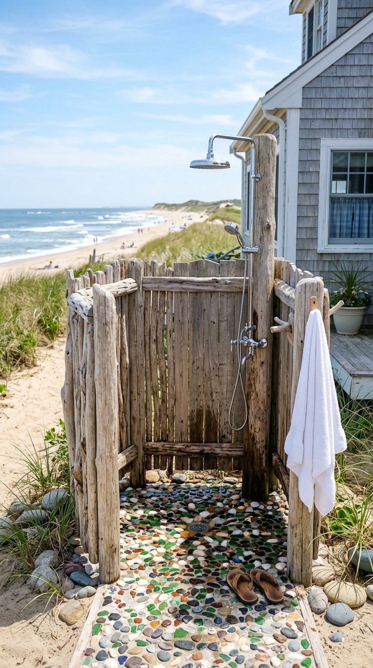 Coastal bleached wood outdoor shower with sea glass flooring