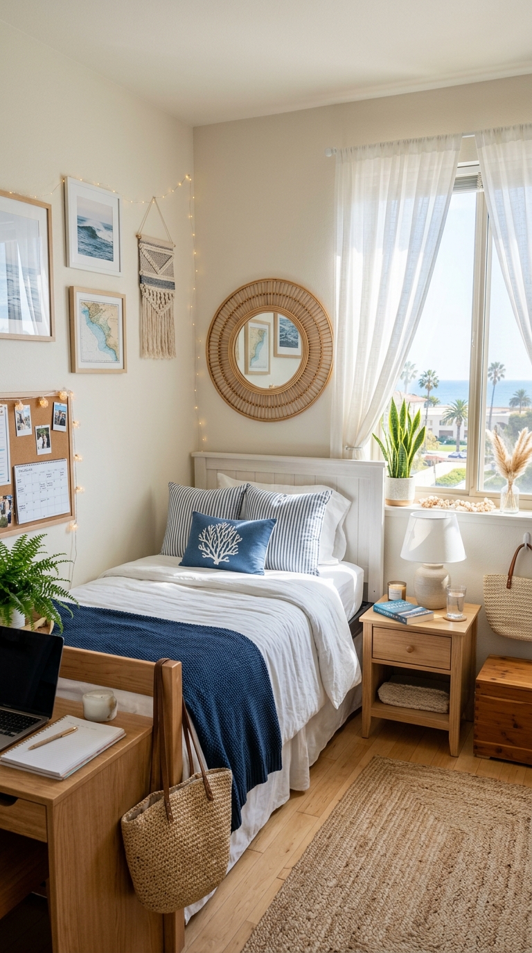 Coastal dorm room with rattan decor, white and blue bedding, and airy beach-inspired college room aesthetic