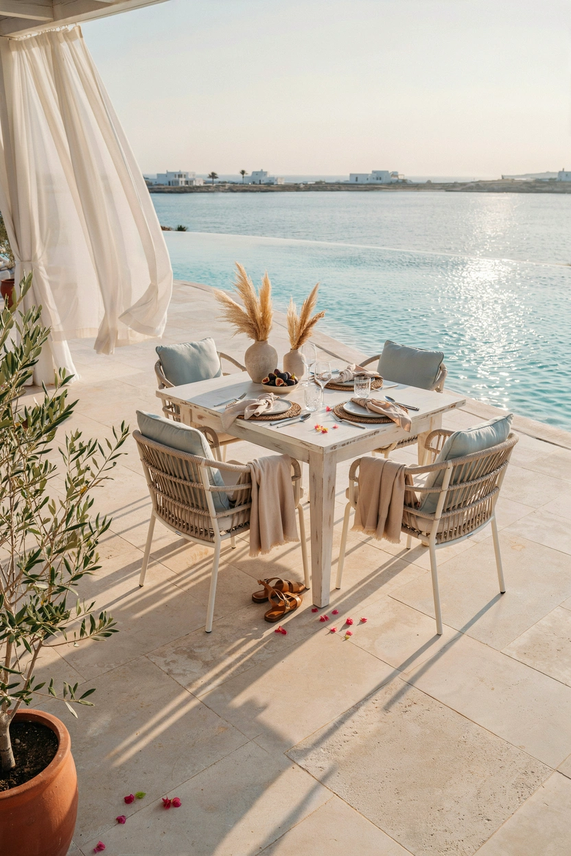 Coastal-style poolside patio table with cream and blue outdoor decor