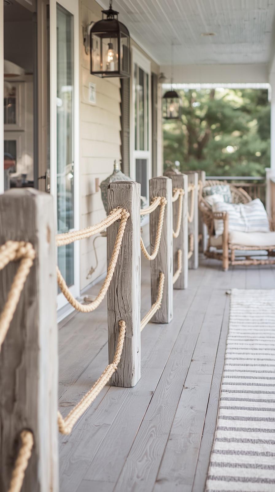 Coastal rope porch railing with driftwood posts and nautical beach house aesthetic