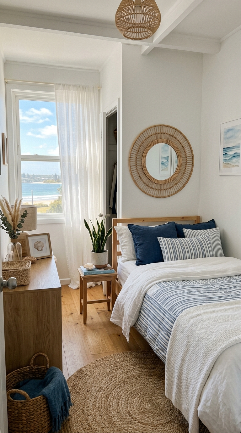 Coastal small bedroom with rattan decor, white and blue bedding, sheer curtains, and airy beach-inspired aesthetic
