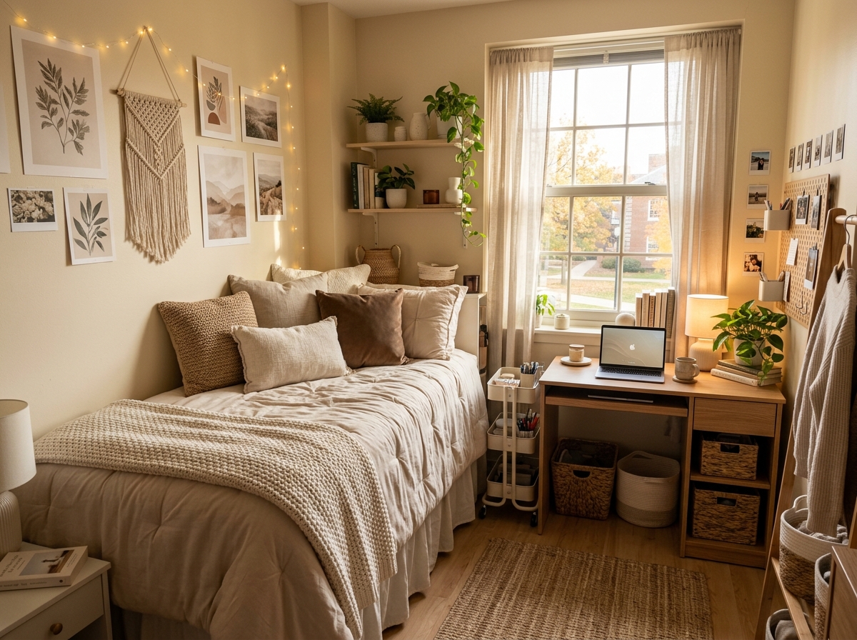 Cozy college room decor ideas with stylish dorm room inspiration for small spaces.