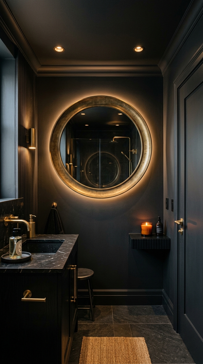 Color-drenched dark bathroom with all surfaces in one dark shade