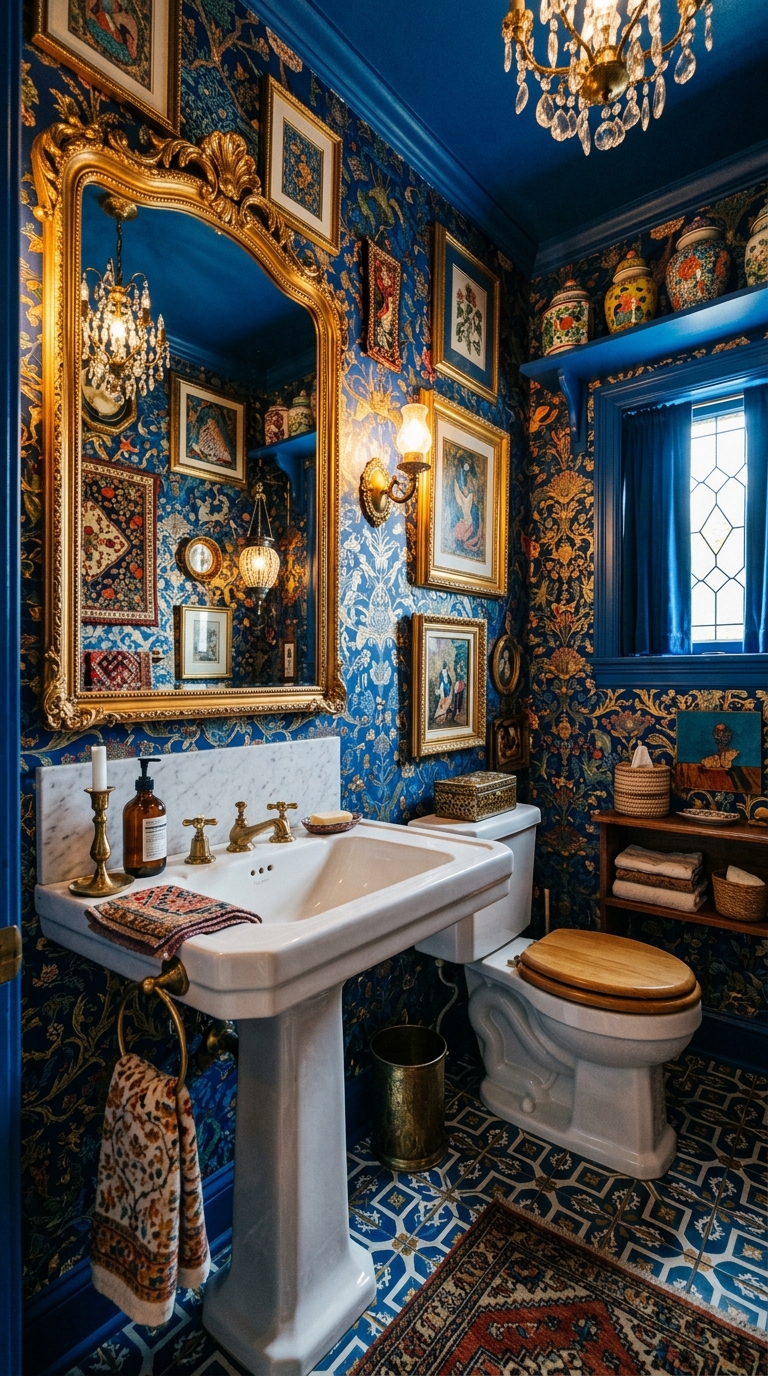 Color-drenched powder room with deep cobalt blue walls, ceiling and trim