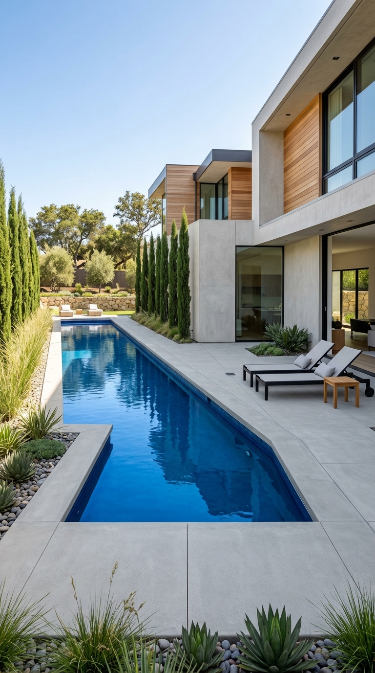 Modern narrow lap pool designed for fitness in a small backyard.