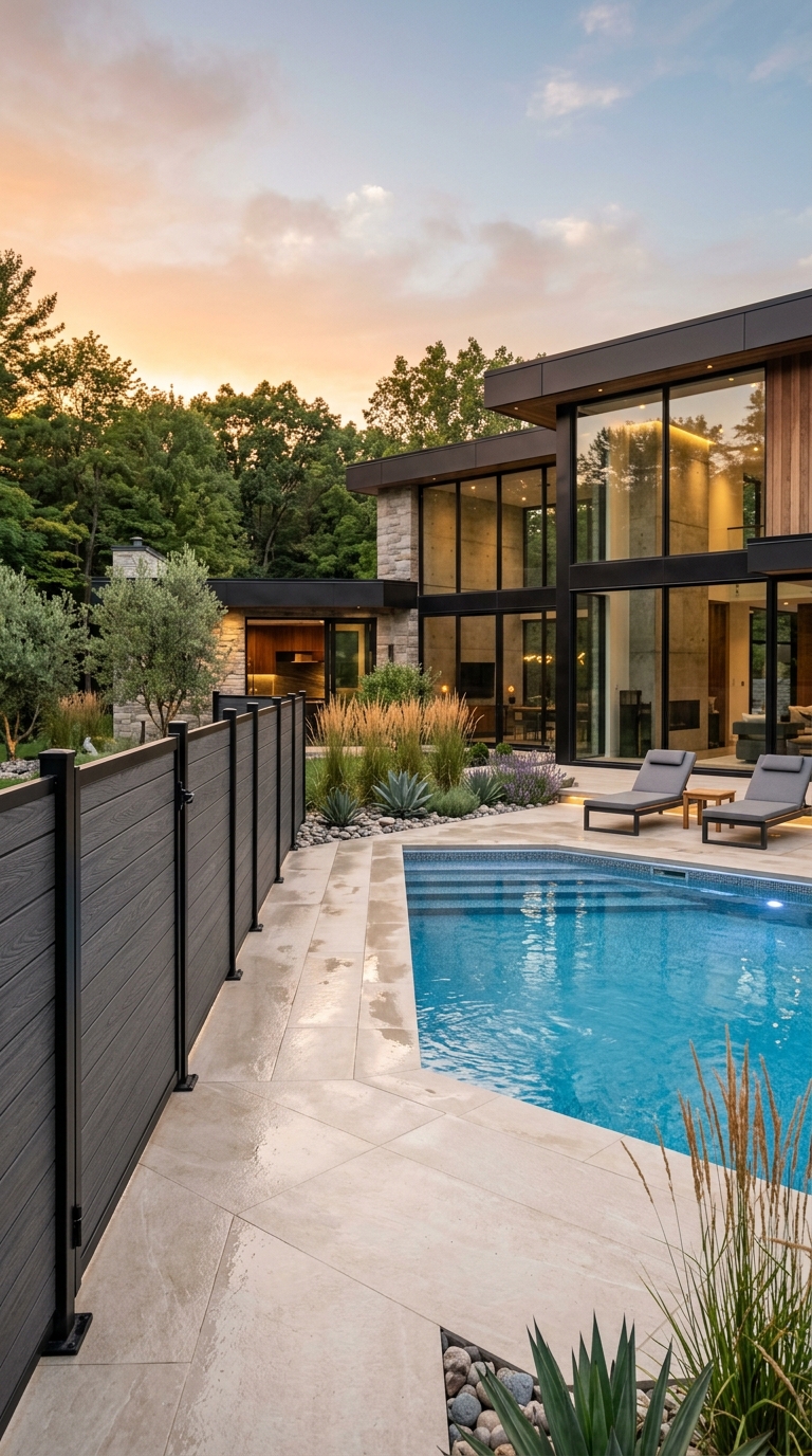 Modern composite board pool fence with sleek architectural trim around a luxury swimming pool.