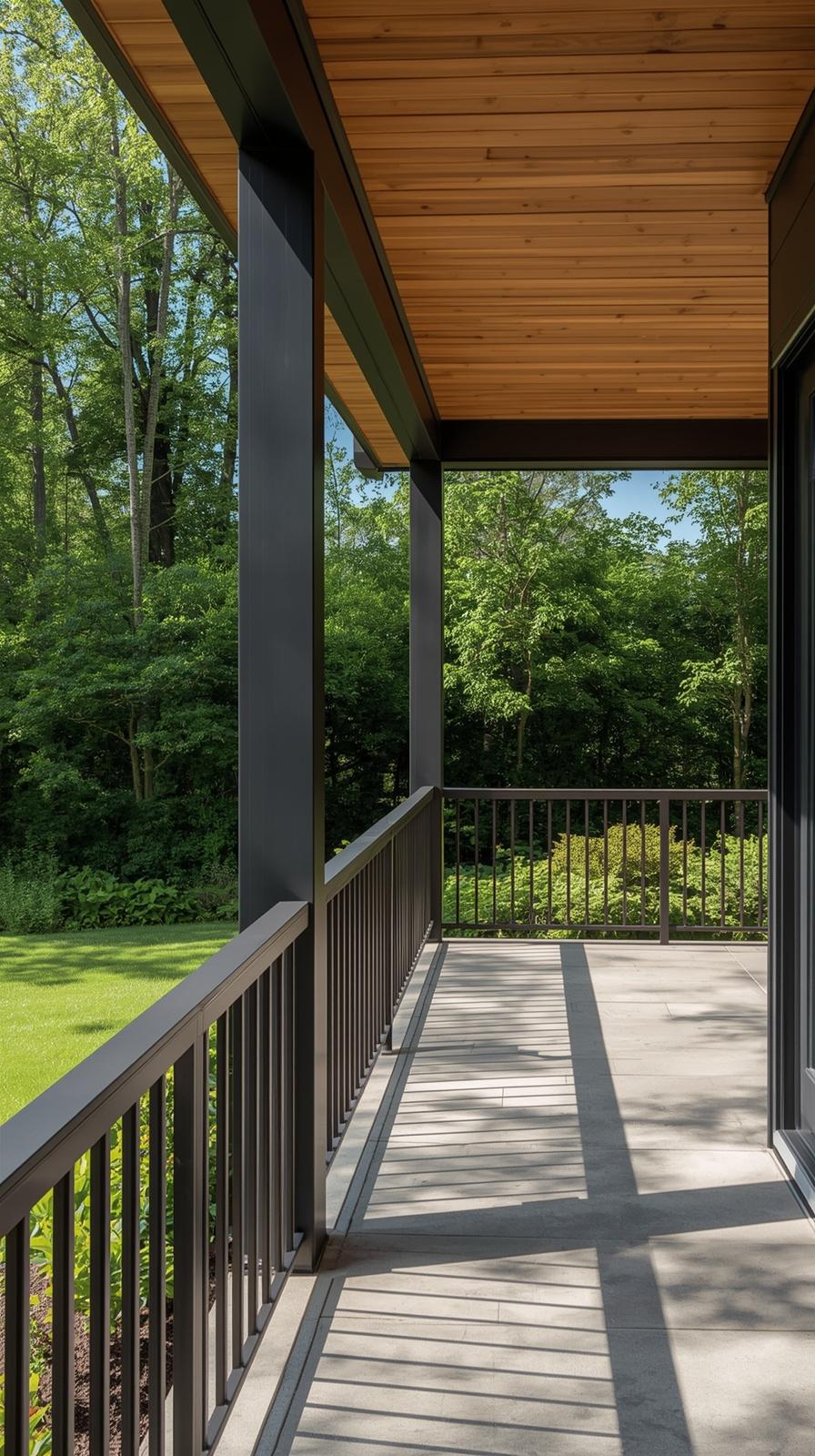Composite porch railing in mixed charcoal and tan tones on a modern home exterior