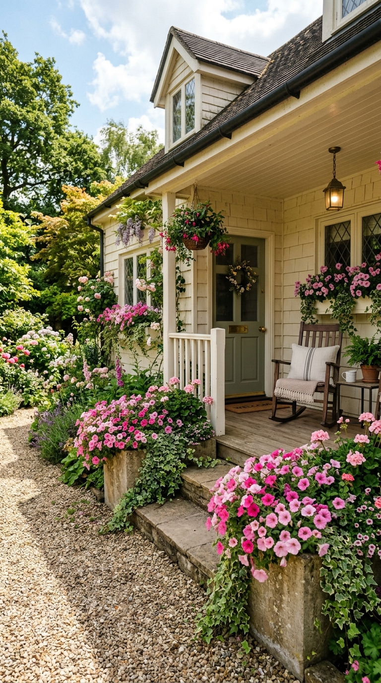 oncrete front porch with built-in planter beds filled with pink petunias and greenery