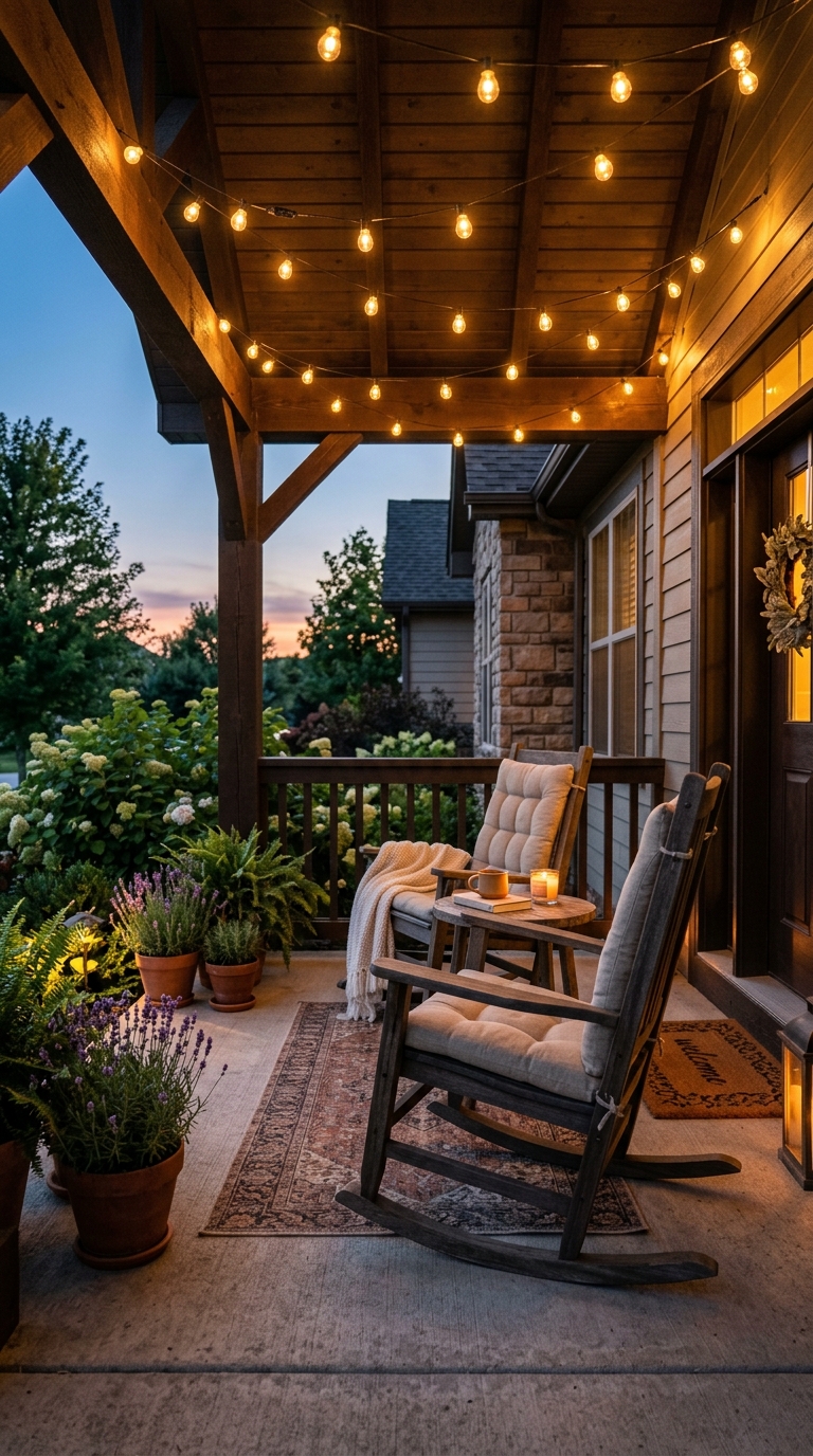 Cozy concrete porch at dusk with string lights, rocking chairs, and warm golden ambiance