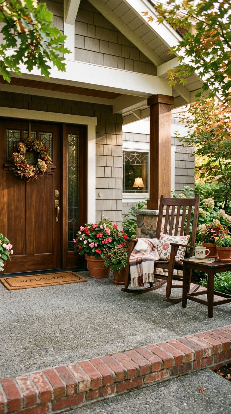 Gray concrete front porch with warm red brick border edging on a craftsman home