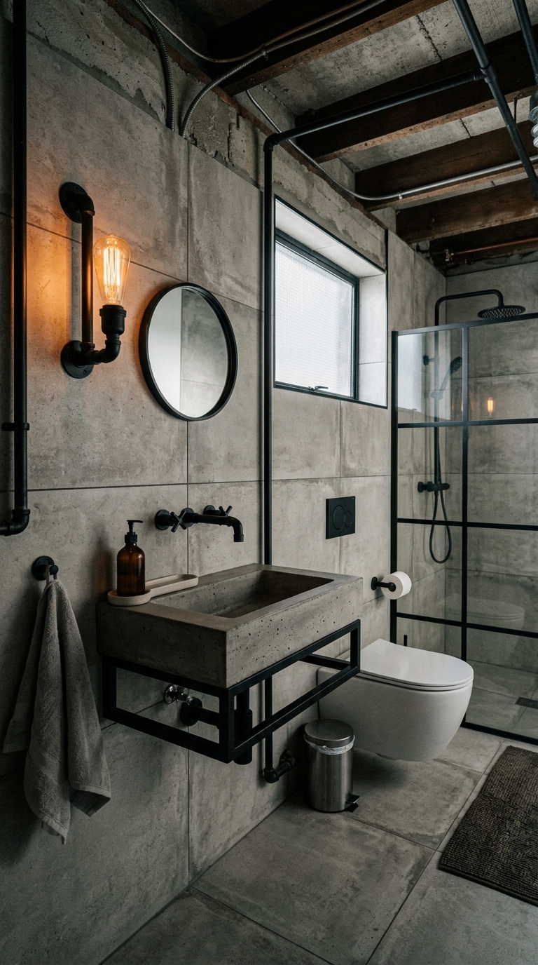 Industrial basement bathroom with concrete-look tile, matte black pipe fixtures, and exposed bulb sconce