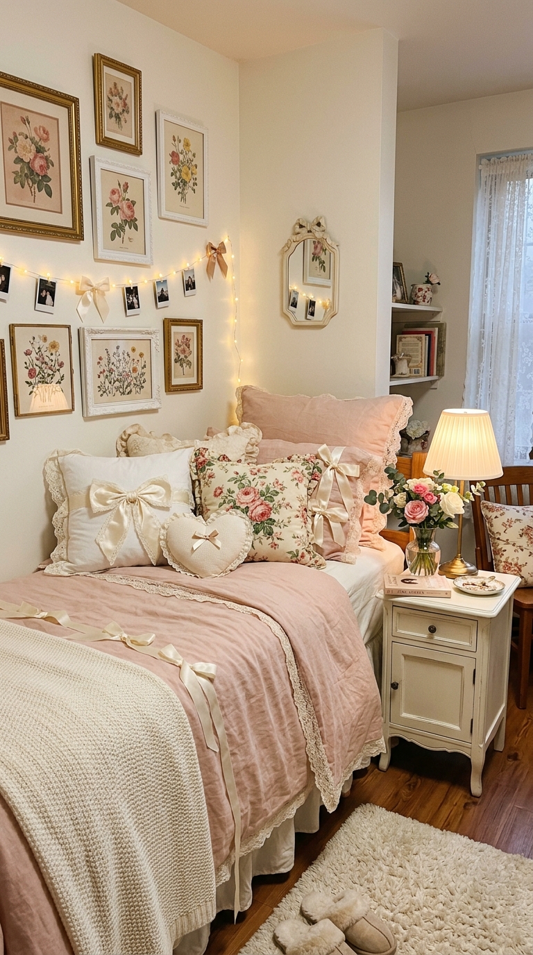 Coquette dorm room with blush pink bedding and bow accents in a soft, feminine aesthetic
