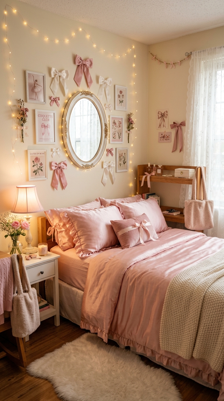 Coquette dorm room with pink bedding, bow decor, and soft, feminine aesthetic for college