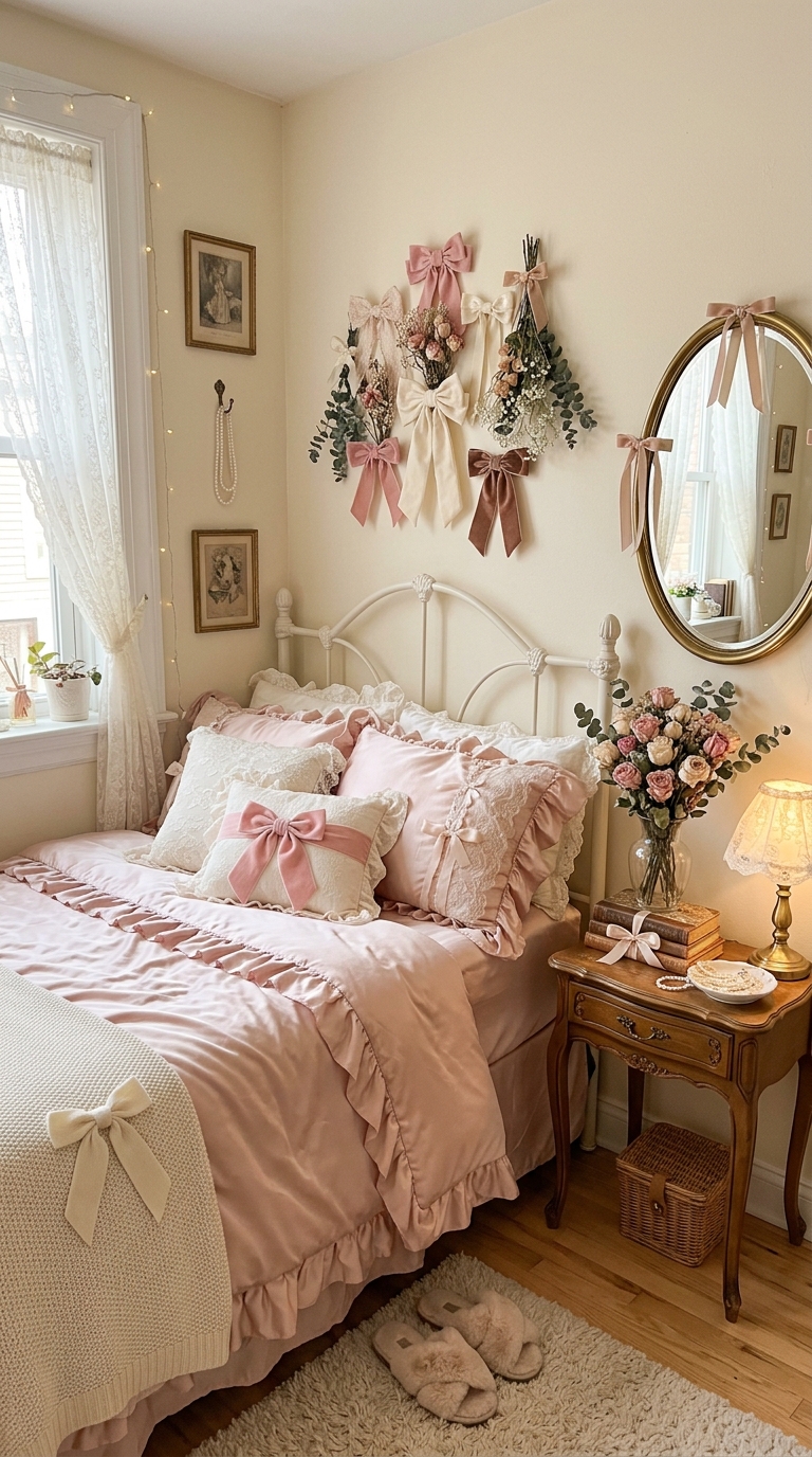 Coquette small bedroom with blush bedding, bow decor, oval mirror, and soft feminine pink aesthetic