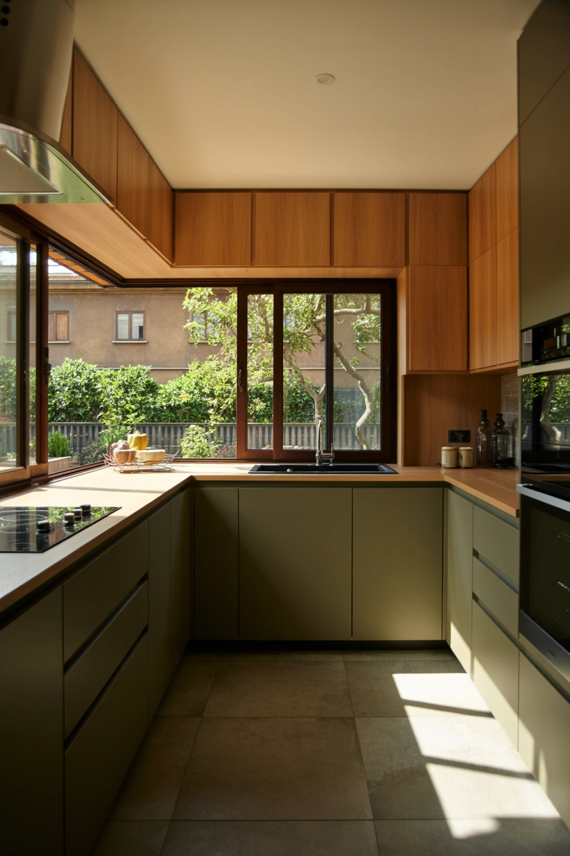 Corner sliding patio doors in a small L-shaped kitchen opening to two garden views