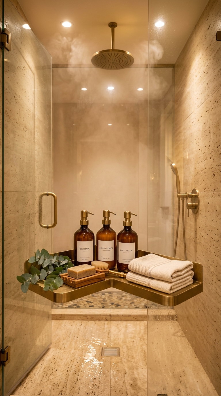 Brushed nickel corner shower shelf with product bottles and eucalyptus for spa bathroom organization