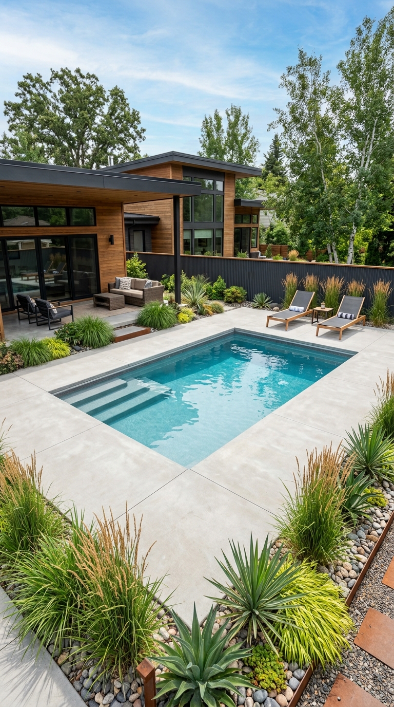 Modern corrugated metal pool fence with wood trim in a stylish backyard.