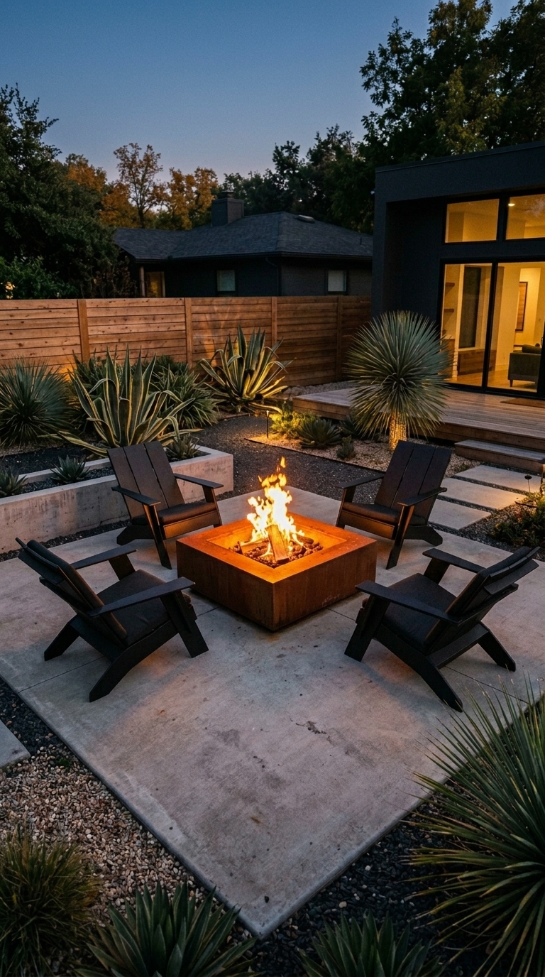 Modern corten steel fire pit on concrete pad with black metal chairs in a minimalist backyard