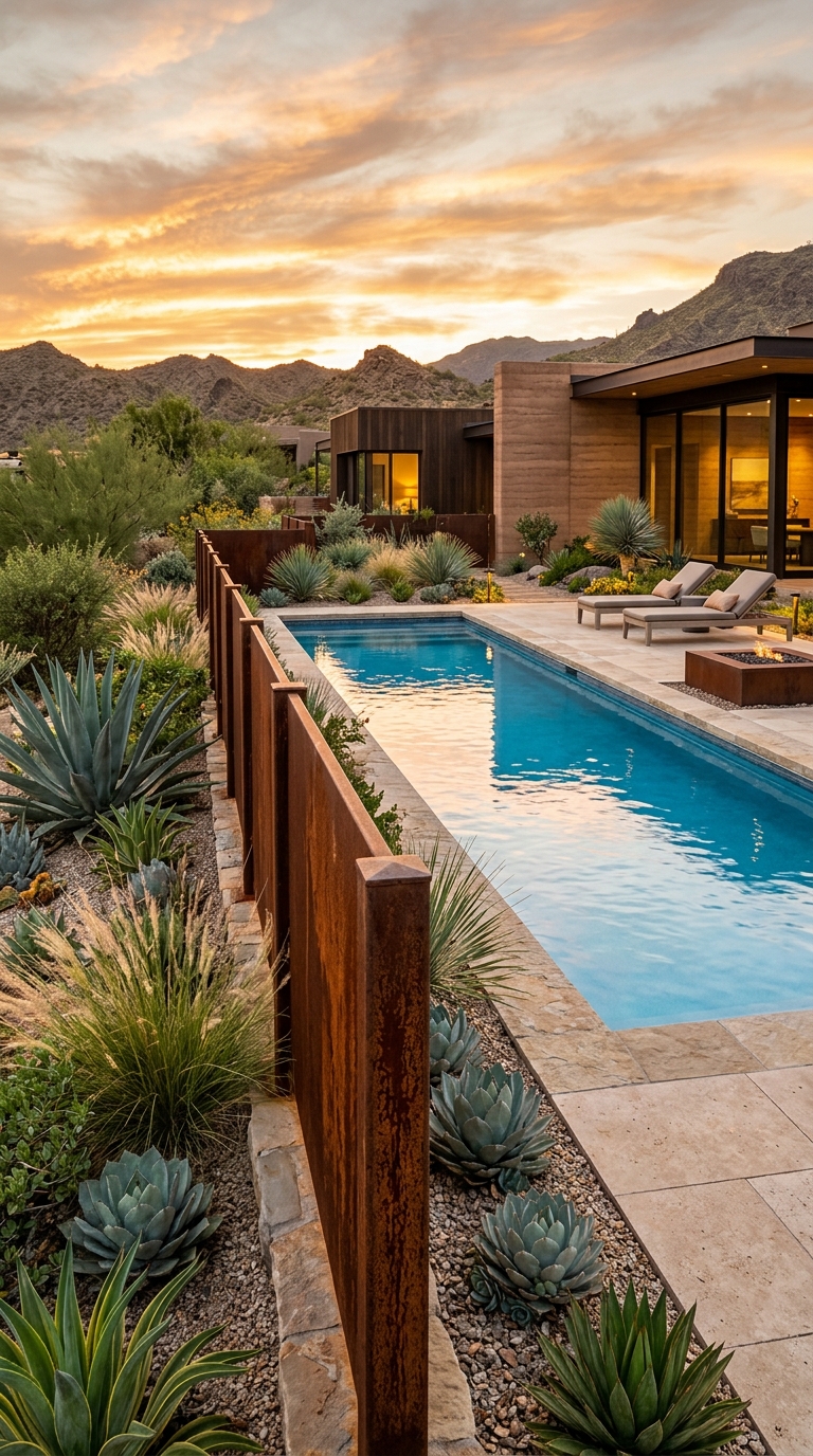 Weathered Corten steel pool fence in a modern luxury backyard.