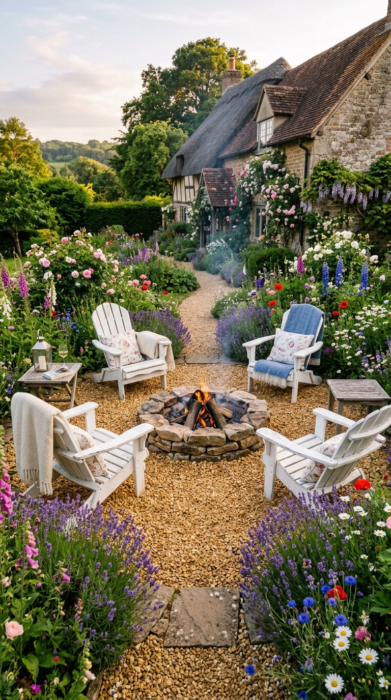 Cottage garden pea gravel fire pit with wildflower borders and fieldstone ring in a romantic backyard