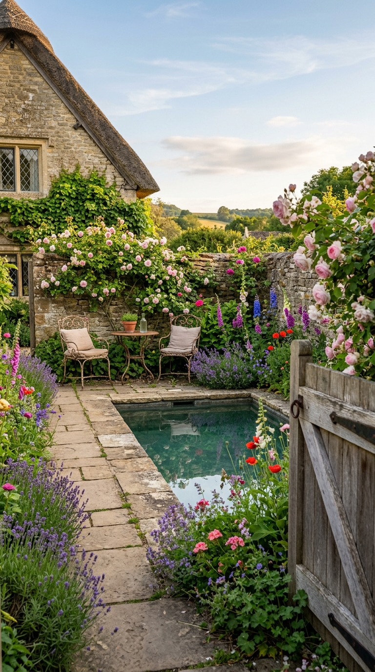 Cottage garden pool surrounded by lavender, wildflowers, and natural stone coping
