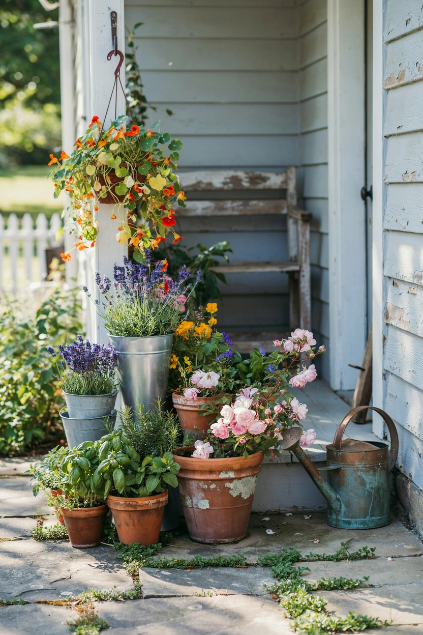 Cottage garden front porch with mismatched planters of roses, lavender, and herbs, and a vintage watering can