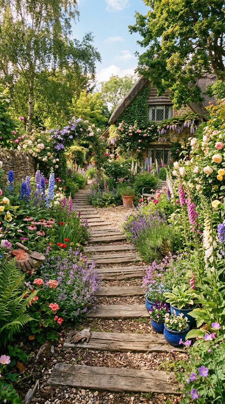 Cozy cottage-style wooden walkway through flower garden