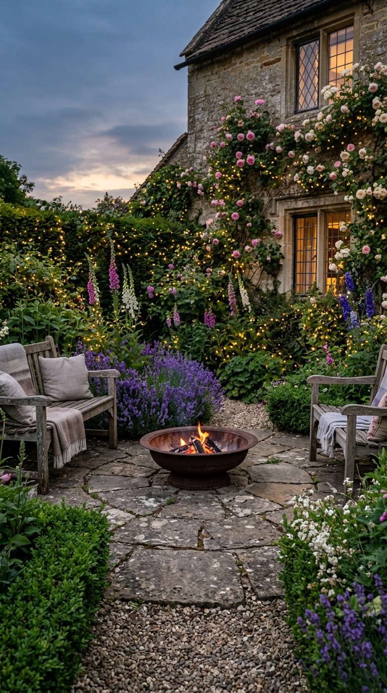Romantic cottagecore garden with a stone fire pit and blooming flowers