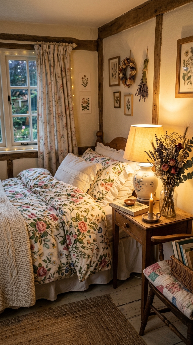 Cottagecore small bedroom with floral bedding, dried flower decor, vintage lamp, and warm cozy aesthetic
