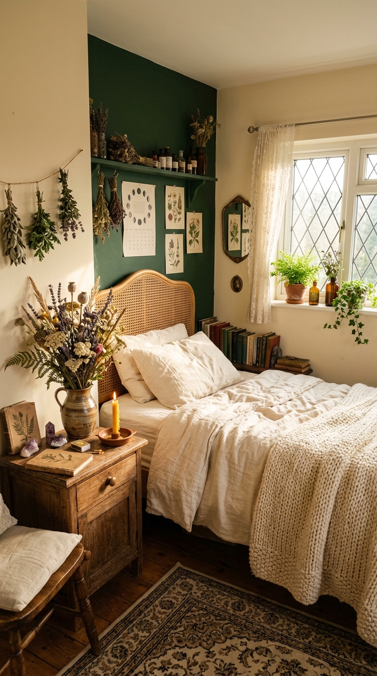 Cottagecore witch bedroom with rattan headboard, cream linen bedding, deep green accent wall, dried wildflowers in a pottery vase, and a chunky knit throw