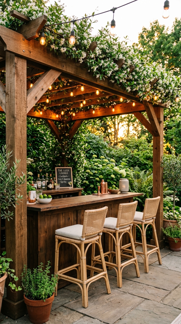 Classic DIY wooden backyard bar with honey oak stain, black metal barstools, and Edison string lights in a cozy outdoor entertaining space