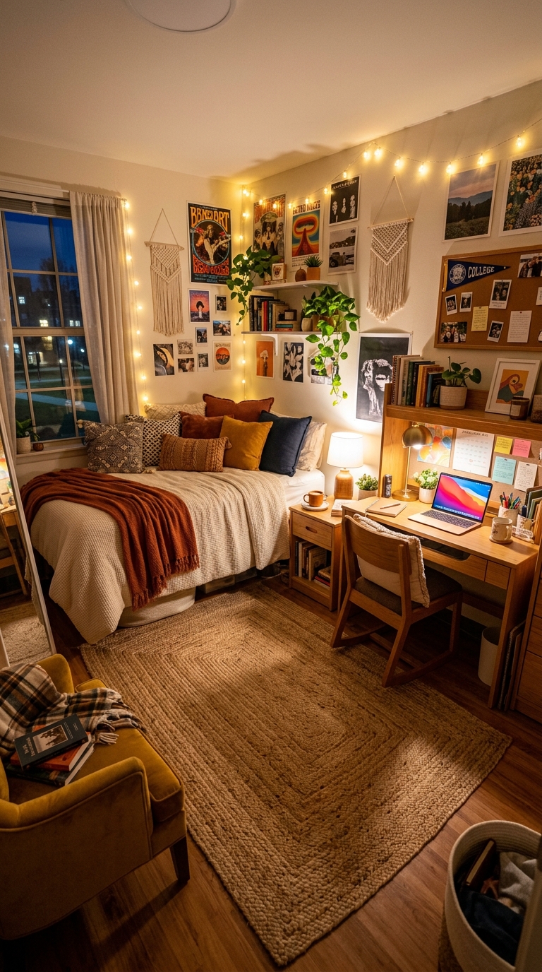 Dorm room with large jute rug adding warmth and coziness to college space