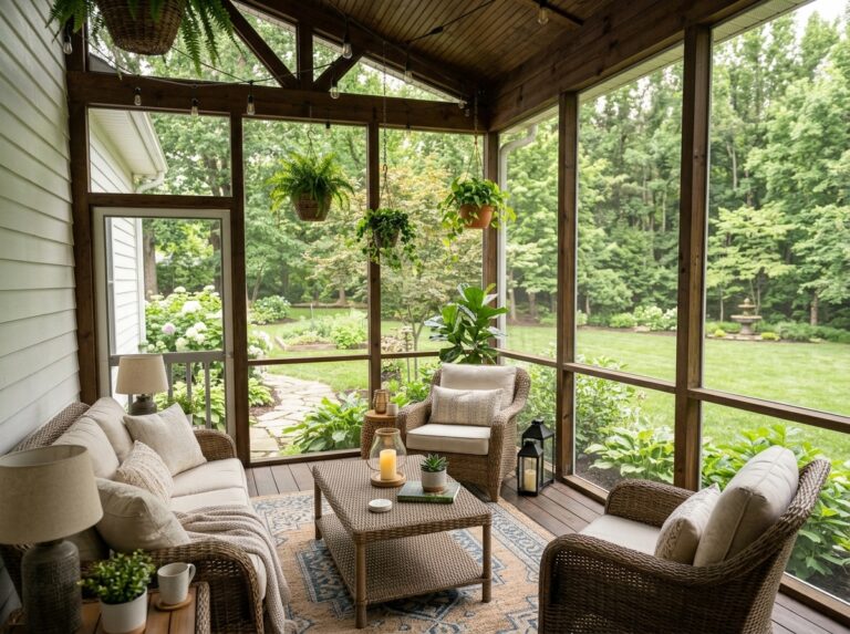 Cozy screened porch designed as a relaxing bug-free outdoor retreat