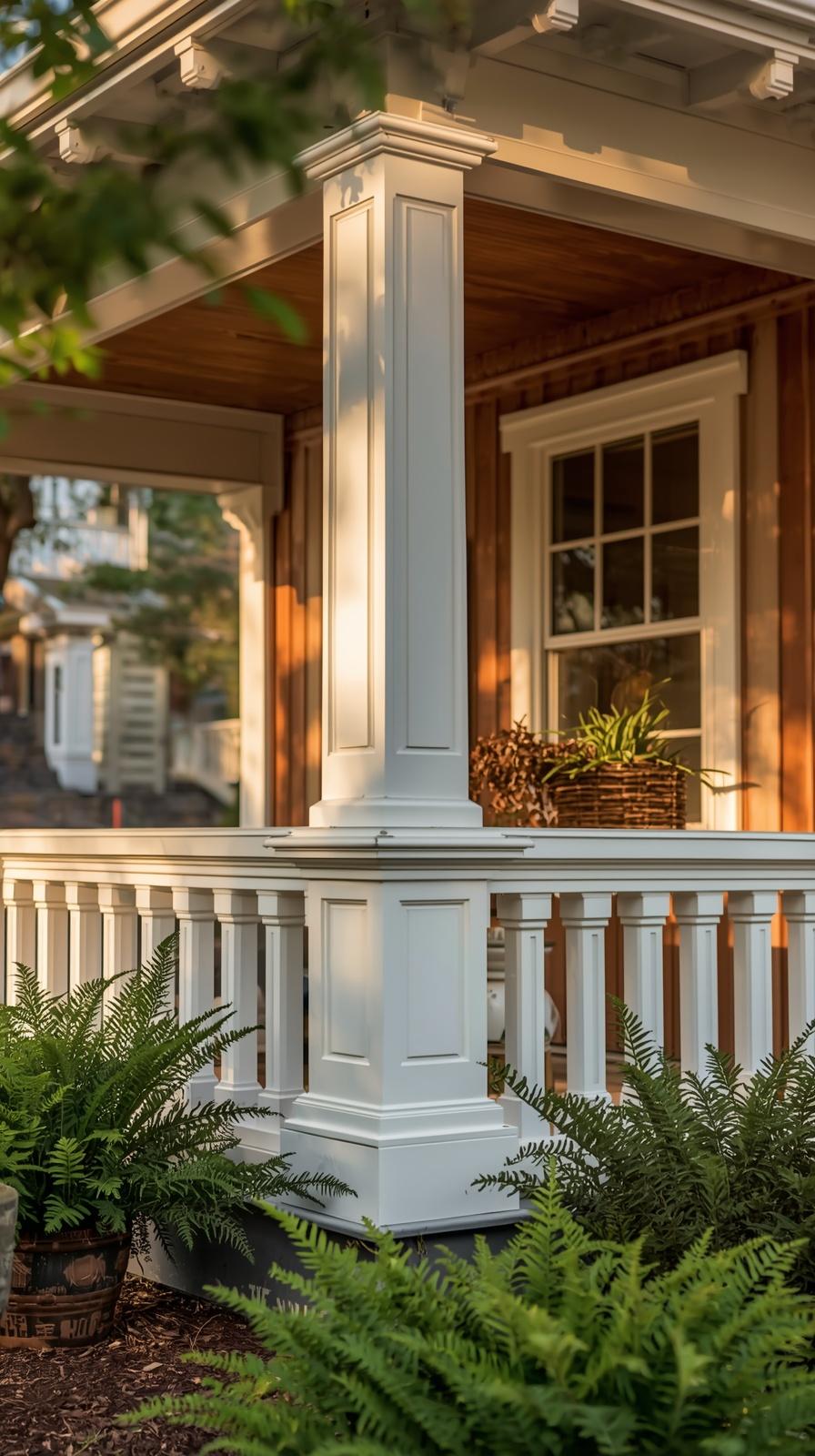 Craftsman style porch railing with square white balusters on a classic bungalow home